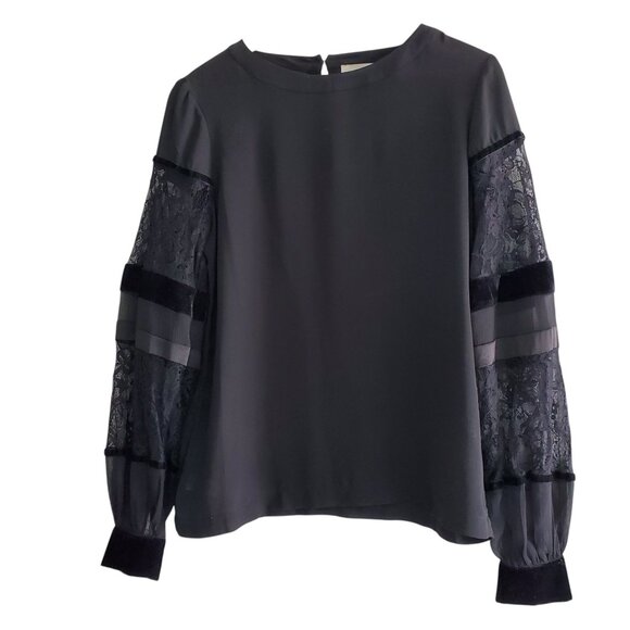 Loft Black Dressy Blouse with mixed Media Sheer/Lace/Velvet Sleeves Size XS - Picture 1 of 8